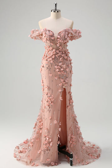 Vestido de fiesta largo con abertura de sirena con hombros descubiertos y flores en 3D